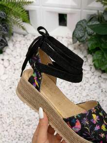 Alpargata clara tipo yute con bordado floral y cintas - Negro - View 5