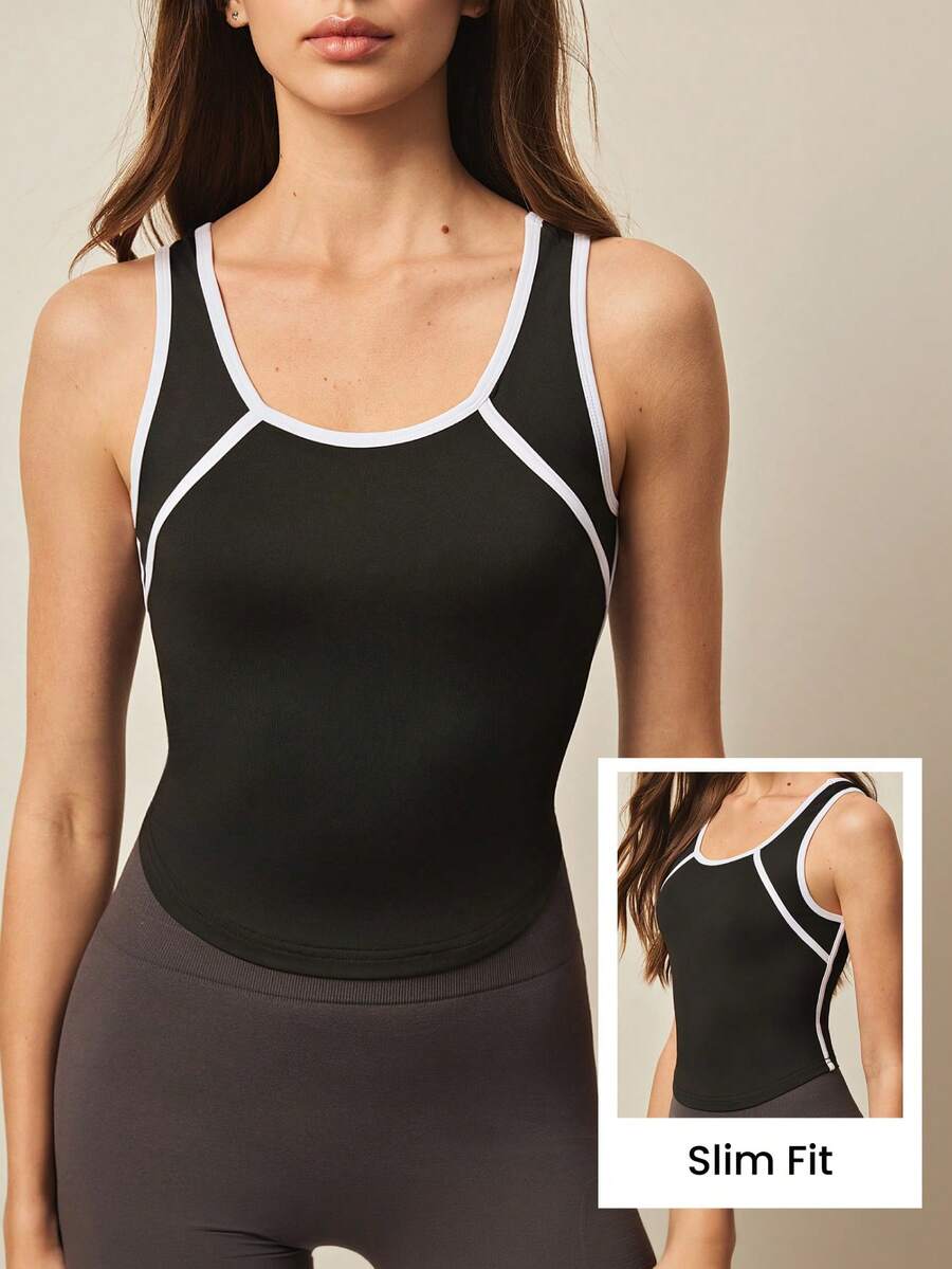 With My Calm Women's Contrast Piping Scoop Neck Shapewear Sports Tank Top - Black and White - View 1