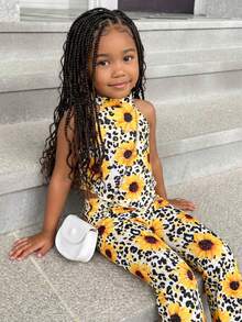 SHEIN 两件套女童针织豹纹花卉图案无袖不对称下摆上衣和喇叭裤套装 - 彩色 - 查看 1