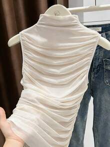 Resyla 优雅休闲夏季网纱透视性感女式T恤，白色上衣 - 杏色 - 查看 5