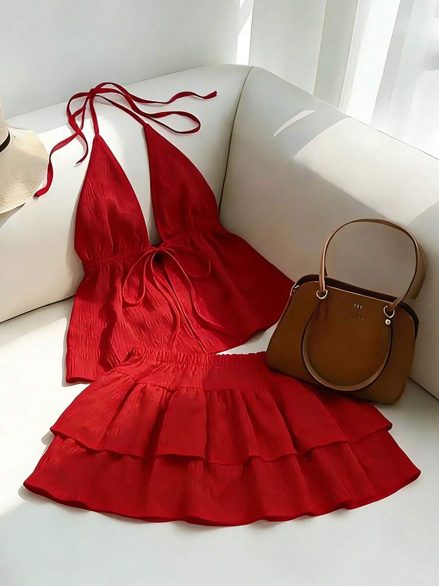 Trelyra Bộ 2 món gồm áo hai dây và chân váy ngắn gợi cảm cho kỳ nghỉ, áo hai dây cổ chữ V hở lưng với chất liệu vải có họa tiết, chân váy ngắn màu đỏ xếp ly, thích hợp cho kỳ nghỉ, hẹn hò, tiệc trà chiều, du lịch, lễ hội âm nhạc, phong cách boho. - Cà phê nâu - Xem 1