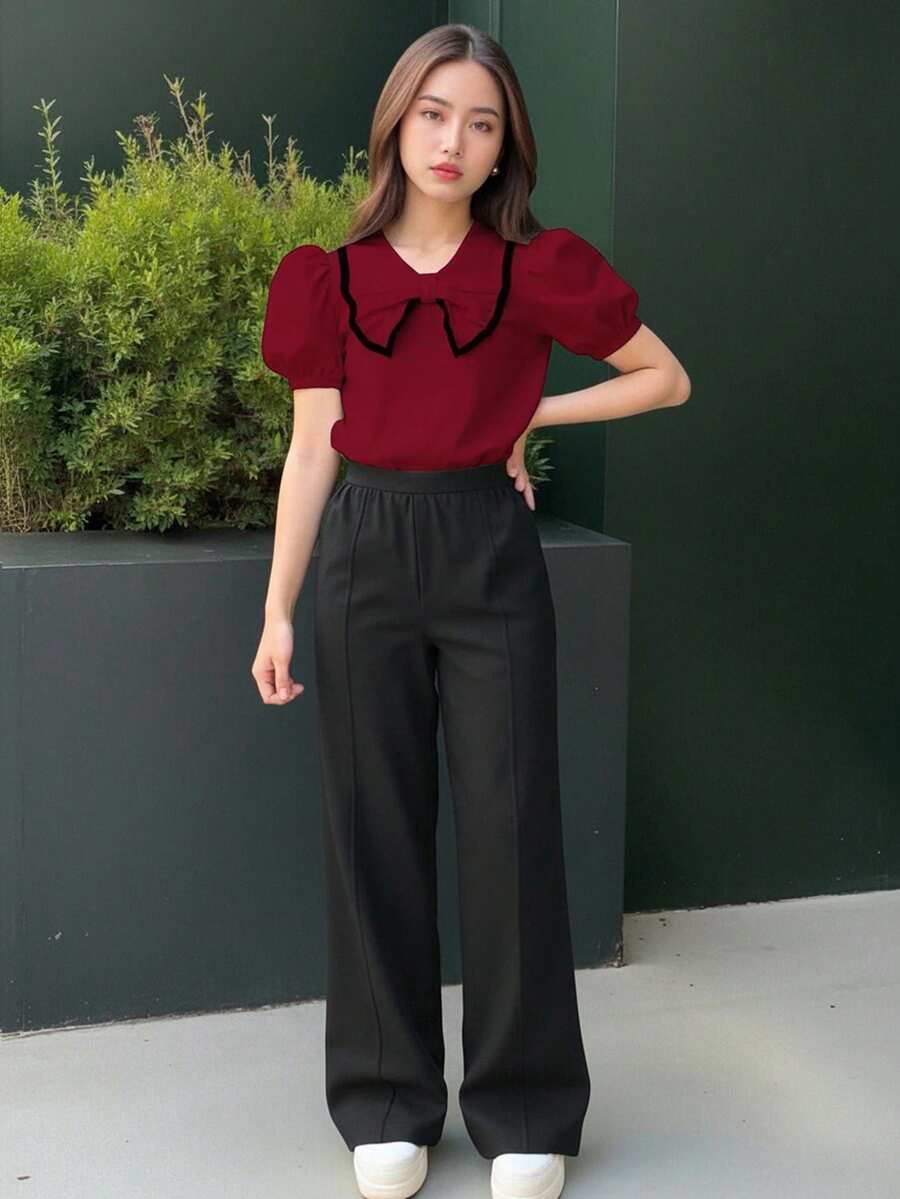 SHEIN 2pcs/Set Young Girl' Burgundy Shirt Top, Contrast Tie-Dye, Black Casual Pants, Leisure Outfit - Burgundy - View 1