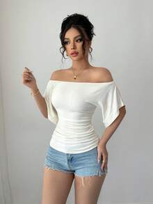 Selianne 2025 New Spring/Summer Fashion Sheer Shoulder Flare Sleeve Knit Tee Shirt For Women - Apricot - View 7