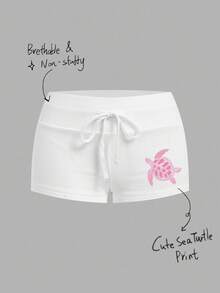 SHEIN Comfortcana Quần short dáng ôm màu trắng, tối giản, in hình rùa biển, có dây rút. - trắng - Xem 9