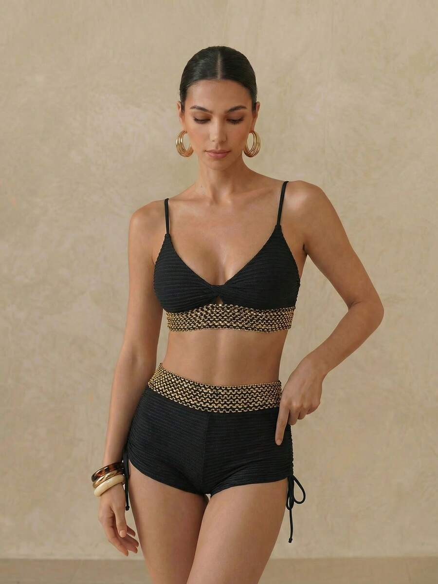 Swim Vcay Bãi biển mùa hè dành cho nữ Kỳ nghỉ Splice Dây dệt Bộ bikini đơn giản và thời trang với bộ bikini có thể tách rời - màu đen - Xem 1