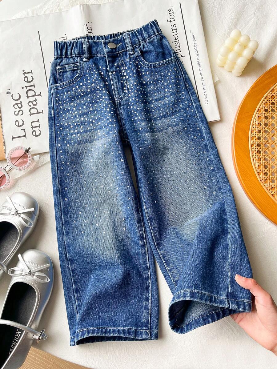 SHEIN Genkimix Kids Quần jeans ống đứng denim màu xanh nhạt, tối giản, đính đá, dành cho bé gái (size nhỏ). - Màu xanh lam - Xem 1