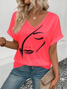 Selamara Áo thun nữ tay ngắn cổ chữ V in họa tiết trừu tượng, kiểu dáng thường ngày, đa năng, bán chạy nhất, hàng mới về. - Đỏ - Xem 3