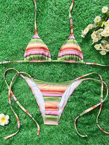 Swim Mod 2026 Spring/Summer Women's Black Background White Polka Dot Random Print Sweet Cute Side Tie Halter Bikini Two Pieces Swimsuit - Multicolor - View 3