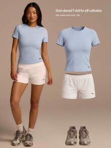 Fluxe Camiseta casual versátil de mujer con cuello redondo y manga corta ajustada - Celeste - Ver 9