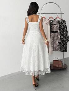 少女休闲优雅针织蕾丝荷叶边腰连衣裙，白色雪纺连衣裙，法式仙女裙，适合情人节、婚礼季等场合，蕾丝连衣裙 - 白色 - 查看 2