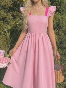 Teen Girl Elegant Round Neck Cap Sleeve Dress - Pink - View 5