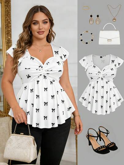 EMERY ROSE Plus Size Women's Spring/Summer Knit Contrast Color Bow Tie Faux Print Twist Front Ruffle Hem Casual Elegant Commuter T-Shirt Top