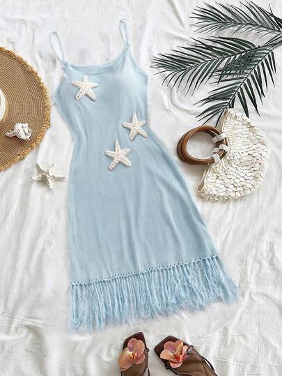 GlowEve CURVE Island Vacation Style, Blue Starfish & Pearl Slip Dress, Unique Niche With 3D Starfish Decor, Fringe Hem Flowing And Eye-Catching, Easy Spring/Summer Outfit To Be The Focus