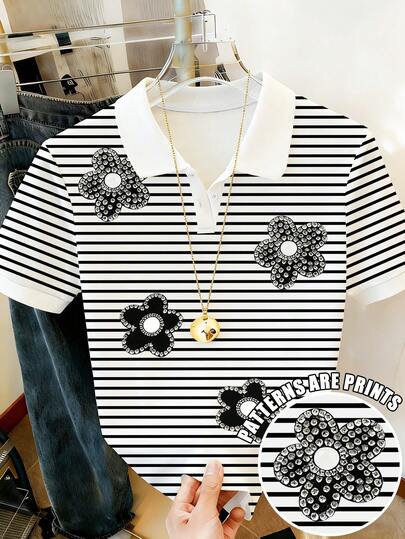 Resyla Women's Striped Floral Decor Casual Round Neck Short Sleeve T-Shirt, Summer Polo Shirt