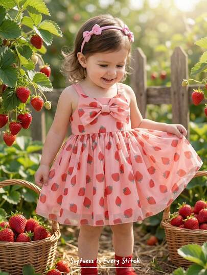 Cozy Pixies 女婴草莓图案撞色蝴蝶结吊带腰身连衣裙