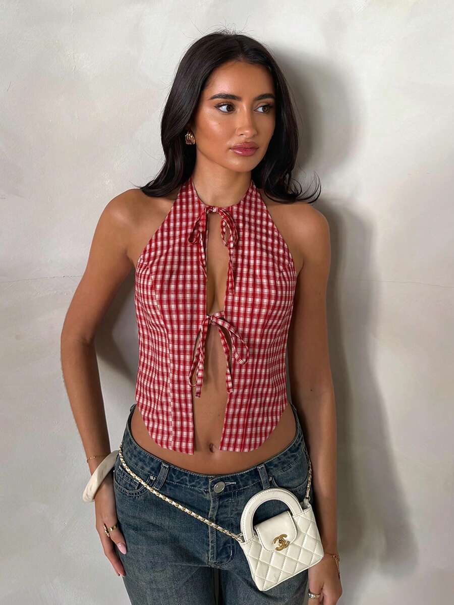 Glamine Retro Plaid Backless Spaghetti Strap Camisole Top For Women, Summer Vacation Style - Red - View 1