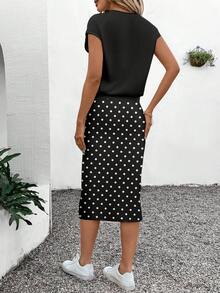 SHEIN LUNE 女士黑色波点迷你裙+短袖T恤两件套 - 优雅休闲的春秋夏季波西米亚风时尚套装，适合工作、下午茶、海滩度假、夏威夷、春假、音乐节等场合。 - 彩色 - 查看 7