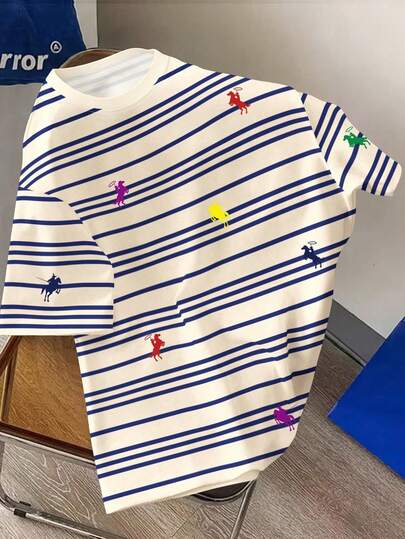 Manfinity Joysei 复古美式朋克风，日常通勤情侣圆领T恤，百搭修身条纹撞色小马图案印花男女通用短袖情侣上衣