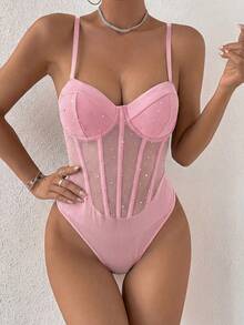 Glamine Women's Pink Rhinestone Decor Camisole Bodysuit - Pink - View 5