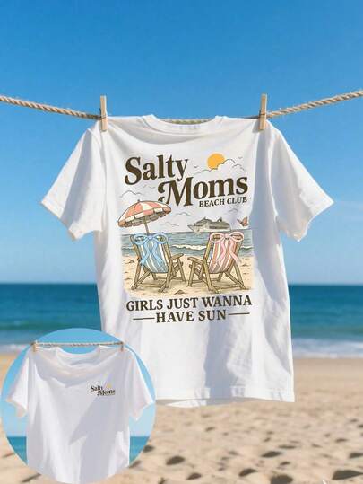 Salty Moms Beach Club Print Summer Vacation T-Shirt