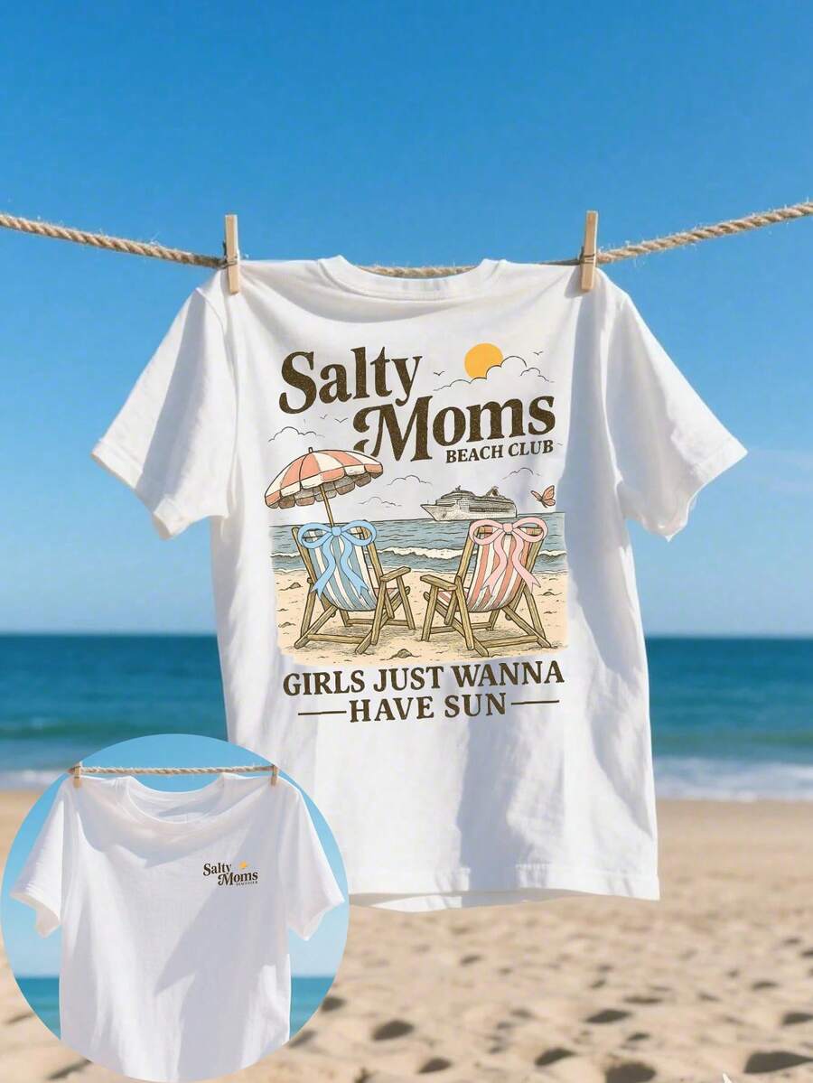 Salty Moms Beach Club Print Summer Vacation T-Shirt - White - View 1