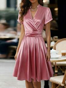 Balvessa Women's Elegant Notched Neck Ruched A-Line Dress, Flattering Waist Design, Glossy Fabric, Suitable For Commuting And Outings In Spring/Summer - Pink - View 3