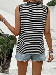 Selamara Áo tank top nữ cổ tròn không tay, phối màu tương phản, in họa tiết sọc - Nhiều màu - Xem 2