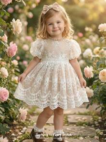 Cozy Pixies Baby Girl Round Neck Short Sleeve Waist Cinched Solid Color Dress, Comfortable & Versatile - Multicolor - View 2