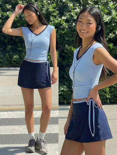 Fluxe Women's Contrast Color V-Neck Ruched Fitted Yoga T-Shirt