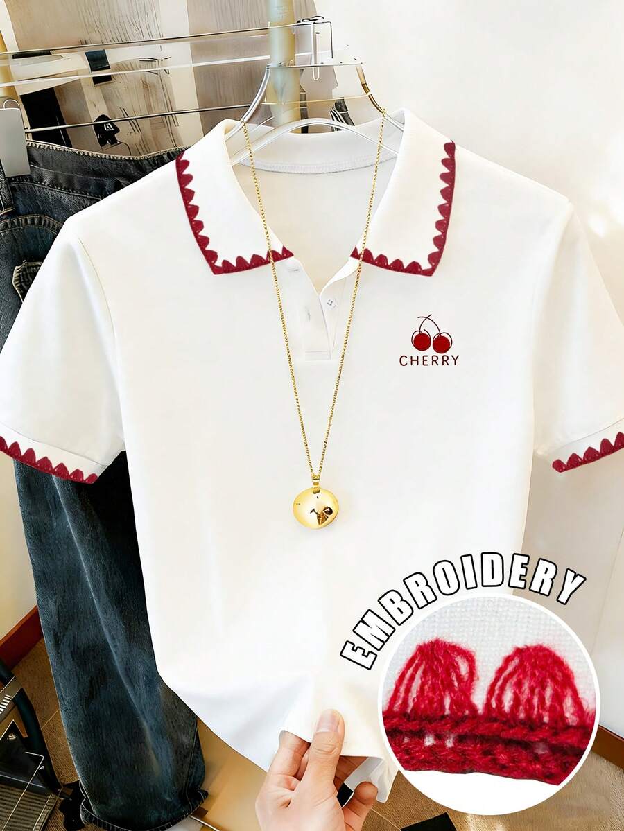 Resyla 女士夏季短袖T恤，畅销樱桃刺绣，獠牙刺绣。适合户外、街头、休闲和约会等场合。 - 彩色 - 查看 1