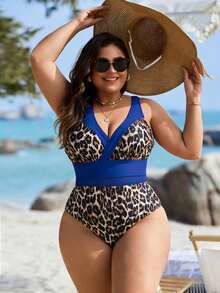 Swim Lushoire SHEIN Swim Lushore Traje de baño de una pieza sexy con estampado de leopardo aleatorio y contraste de malla para mujer de talla grande - Azul - Ver 3