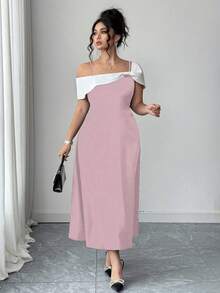 SHEIN PETITE Gaun A-Line Midi Wanita Elegan dengan Blok Warna, Tali Bahu Tipis, Bahu Terbuka, dan Pita, Musim Panas - Berwarna merah muda - View 4