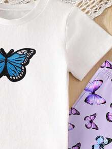 Fjärilstryckt kortärmad t-shirt och byxor för babyflicka, avslappnad outfit - Multifärgad - Visa 3