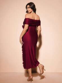 Cravure Plus Size Women's New Elegant Party Burgundy Romantic 3D Rose Off Shoulder Ruffle Hem Slit Waist Formal Maxi Dress - Burgundy - View 2