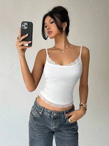 Aloruh 2件套女士夏季休闲复古花卉刺绣拼接蕾丝修身短款吊带背心，花卉刺绣吊带背心，优雅细肩带无袖背心，夏季派对外出上衣 - 彩色 - 查看 5