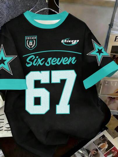 Boys' Casual Stylish Creative Refreshing Minimalist Numeric 67 Badge, Pentagram, Green Black Colorblock, Letter Slogan Graphic Print Basic Short T-Shirt, Comfortable Daily Wear, Suitable For Spring, Summer, Autumn