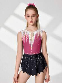 Tween Girls' Sleeveless Gymnastics Leotard, With Mesh Panels, Contrast Color Print And Rhinestone Decor, Black & Fuchsia, Suitable For Sports, School Dance Competitions - Multicolor - View 1
