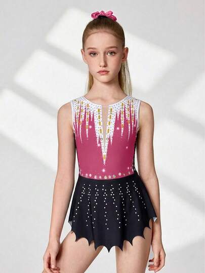 Leotardo sin mangas para gimnasia de niñas preadolescentes, con paneles de malla, estampado de color contrastante y decoración con diamante de imitación, negro y fucsia, adecuado para deportes, competiciones escolares de danza