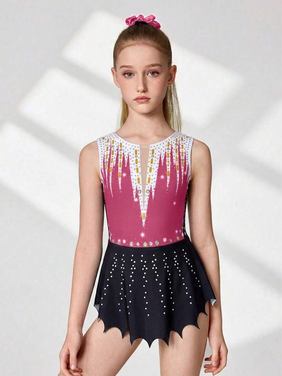 Tween Girls' Sleeveless Gymnastics Leotard, With Mesh Panels, Contrast Color Print And Rhinestone Decor, Black & Fuchsia, Suitable For Sports, School Dance Competitions - Multicolor - View 1