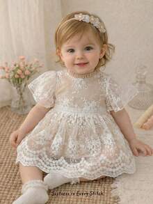 Cozy Pixies Baby Girl Round Neck Short Sleeve Waist Cinched Solid Color Dress, Comfortable & Versatile - Multicolor - View 4
