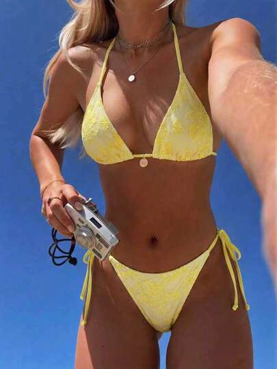 Swim Mod 黄色蕾丝甜美可爱复古休闲度假沙滩女式泳裤