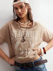 Bohemela 女士休闲纯色针织圆领宽松短袖T恤 - 卡其色 - 查看 3