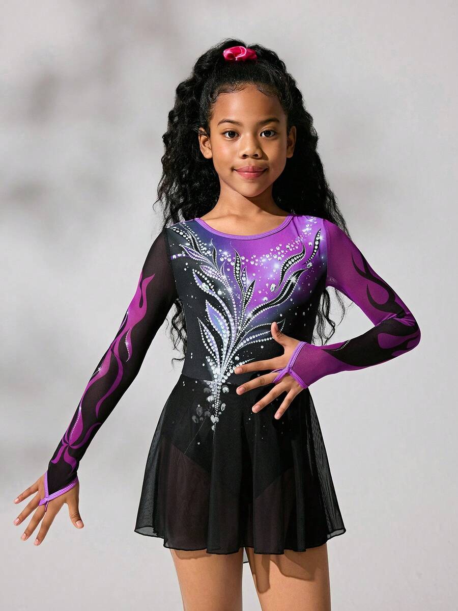 SHEIN Leotardo de manga larga para patinaje artístico para niñas preadolescentes, diseño degradado de colores, falda de malla suave y elástica, cómodo para actuaciones y entrenamientos de patinaje artístico - Multicolor - Ver 1