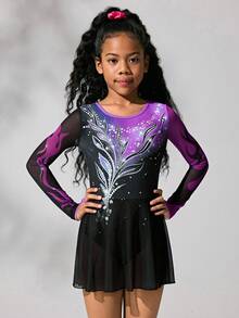 SHEIN Leotardo de manga larga para patinaje artístico para niñas preadolescentes, diseño degradado de colores, falda de malla suave y elástica, cómodo para actuaciones y entrenamientos de patinaje artístico - Multicolor - Ver 5