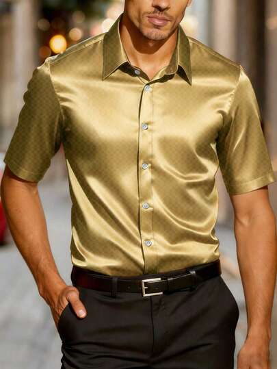 Manfinity AFTRDRK Men's Mature Casual Jacquard Design Short Sleeve Shirt Men's Short Sleeve Dress Shirt Champagne Shirt For Men Tan Shirts For Men Men's Luxury Shirts Gold Shirts For Men Old Money,Daily Leisure, Weekend Trips, Outdoor Activities, Travel Expeditions, Relaxed Work Environments Or Semi-Formal Occasions, Boyfriend/Husband Gift, Anniversary /Birthday Gift Party Summer Vacation Holiday,Beach Clothes Hawaiian Wedding,Spring To Summer Gold Shirt For Men Satin Men Shirt