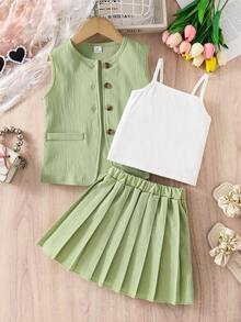 SHEIN 三件套：牛油果绿纹理编织背心外套、配套百褶裙和吊带背心，适合幼儿女童，休闲优雅通勤风格，春夏款 - 橄欖綠 - 查看 1
