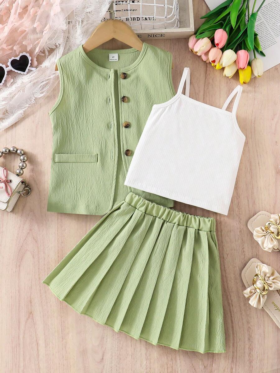 SHEIN 三件套：牛油果绿纹理编织背心外套、配套百褶裙和吊带背心，适合幼儿女童，休闲优雅通勤风格，春夏款 - 橄欖綠 - 查看 1
