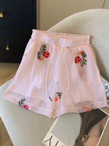 Conjunto de camisa de manga larga con hombros caídos y estampado floral de gasa holgada + pantalones cortos - Rosa - Ver 5