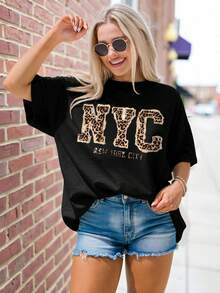 EMERY ROSE 大码休闲女式洛杉矶字母印花宽松中长款短袖圆领T恤 - 黑色 - 查看 1