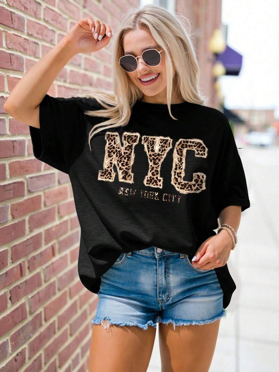 EMERY ROSE 大码休闲女式洛杉矶字母印花宽松中长款短袖圆领T恤 - 黑色 - 查看 1